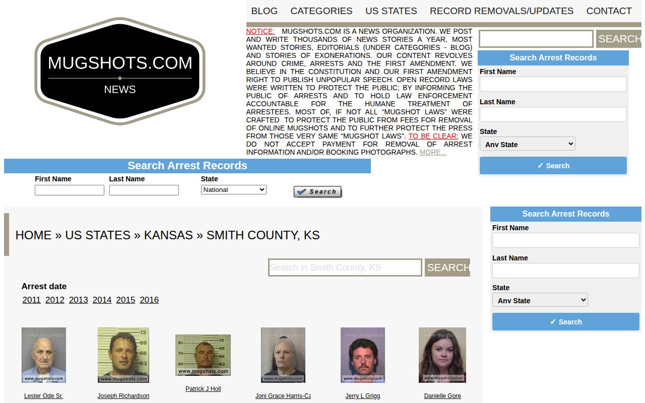 Historical private Mugshots.com Smith County Kansas page