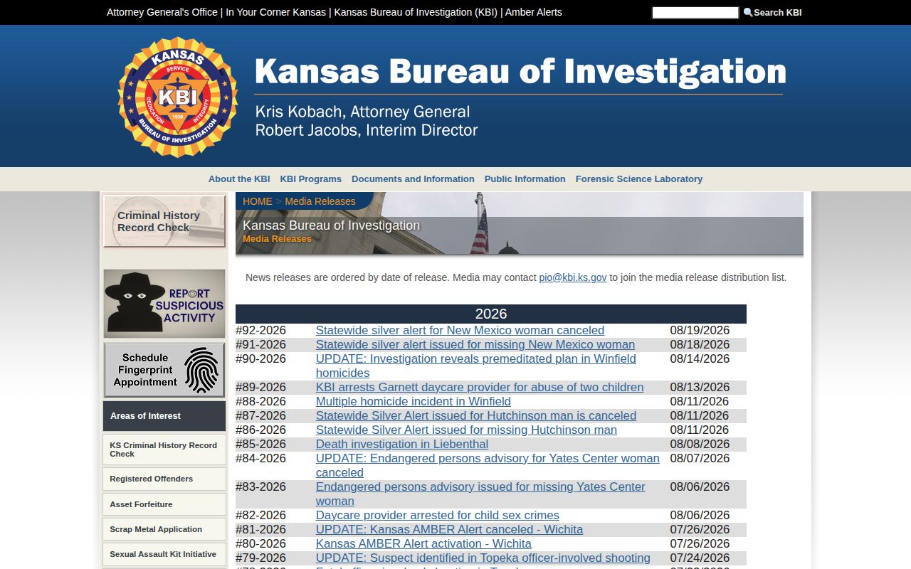 Kansas Bureau of Investigation media releases page