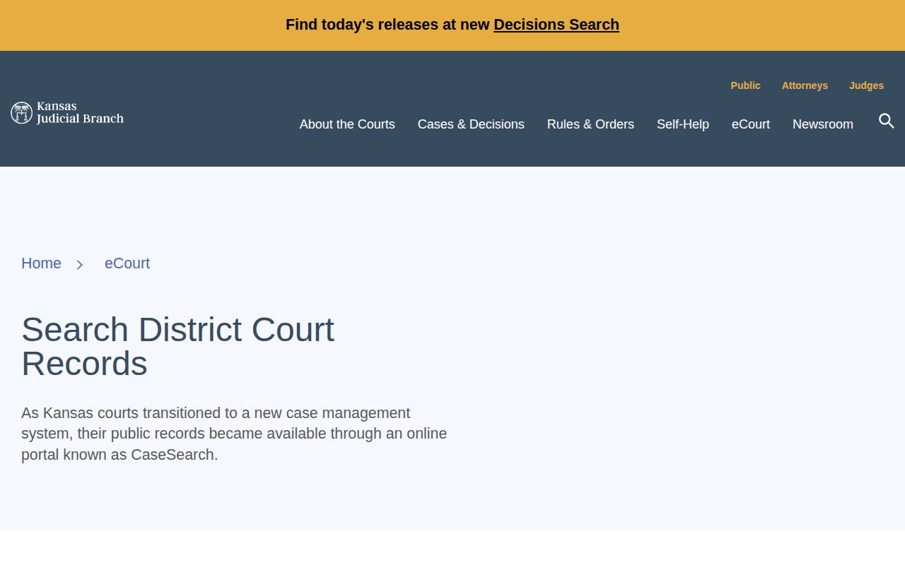 Kansas District Court public access records page