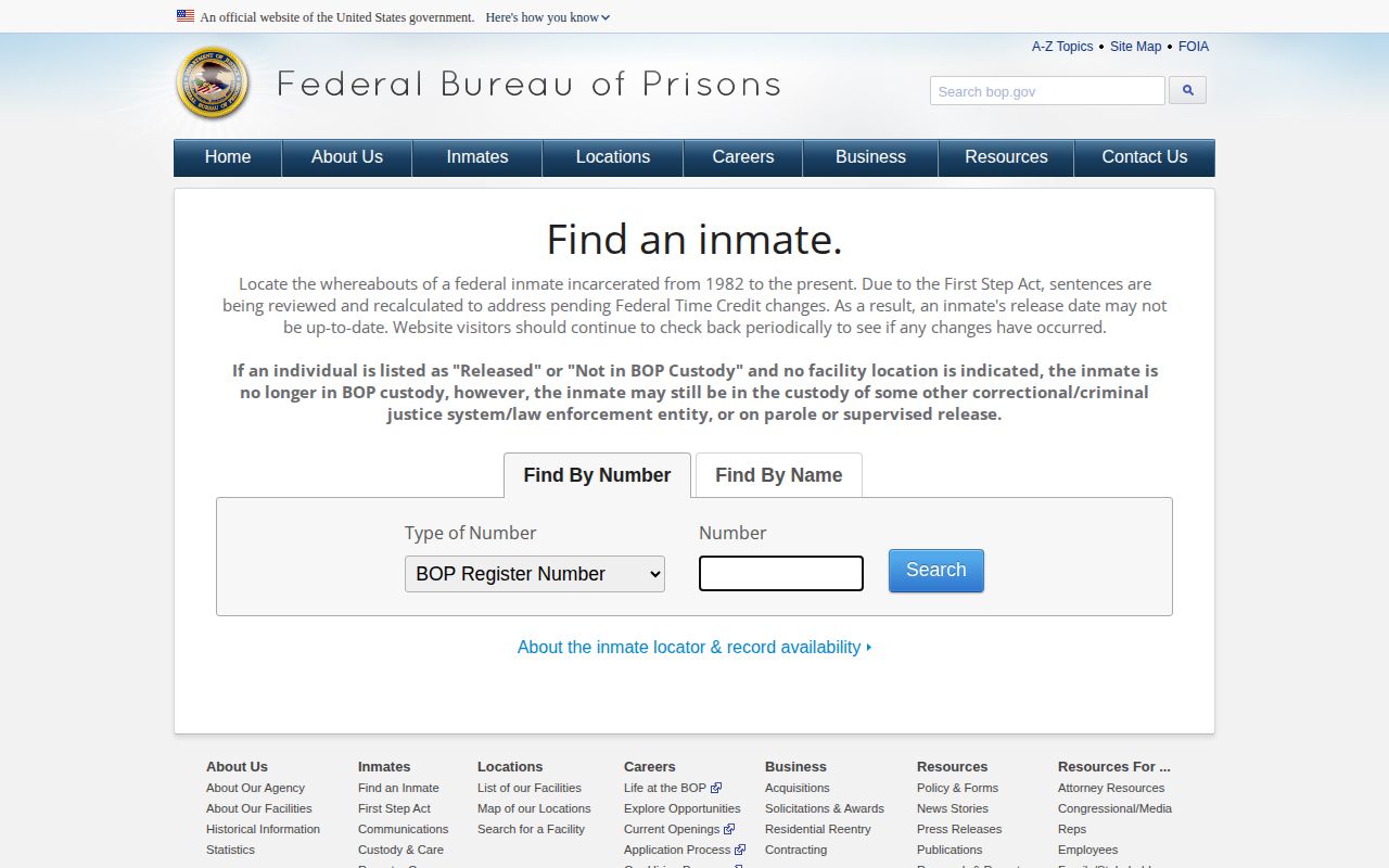 Federal Bureau of Prisons inmate locator interface